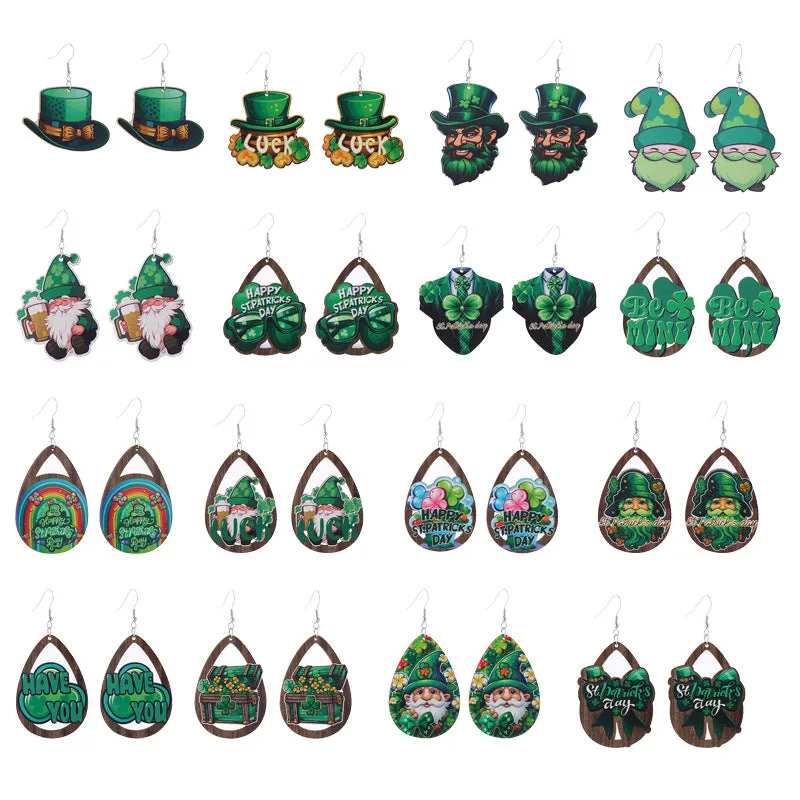 Wholesale St. Parcret festival Green lucky grass rainbow hat beard Irish wooden earrings