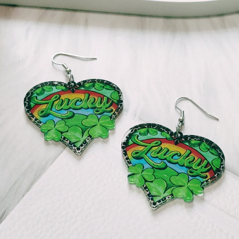 Wholesale St. Paric festival colorful double-sided heart-shaped green plant clover acrylic earrings