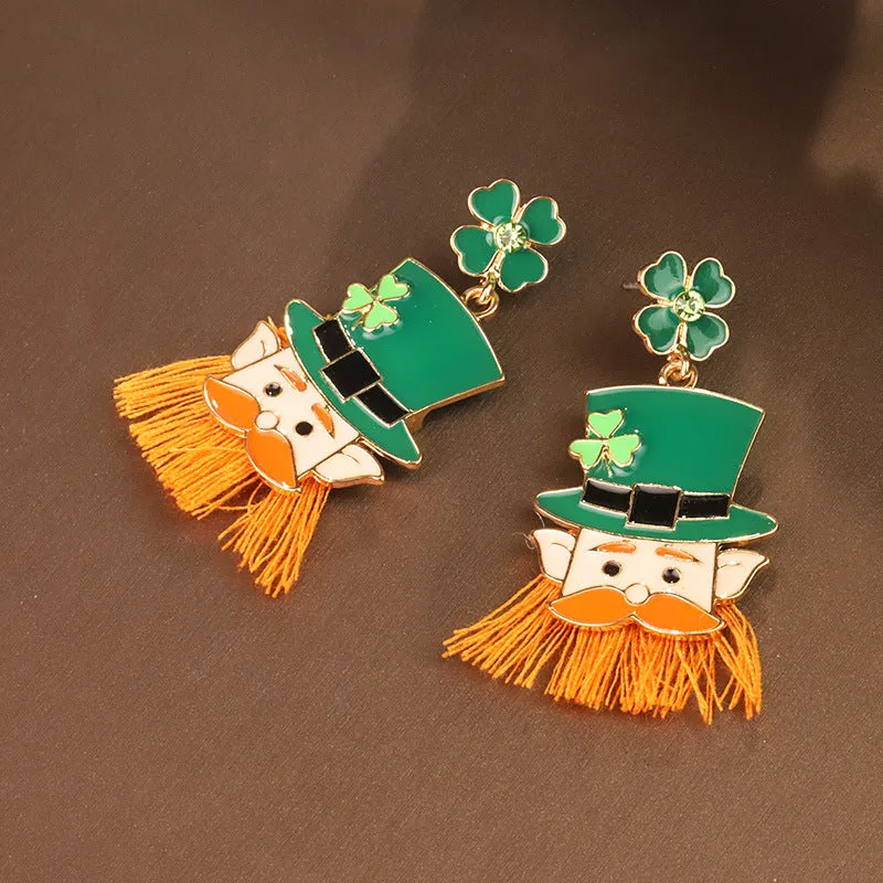 Wholesale St. Patrick's Carnival Four-leaf Clover Head Tassel Earrings Alloy Oil Drop Irish Hat Earrings
