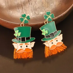 Wholesale St. Patrick's Carnival Four-leaf Clover Head Tassel Earrings Alloy Oil Drop Irish Hat Earrings