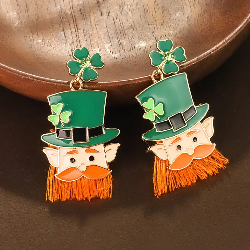 Wholesale St. Patrick's Carnival Four-leaf Clover Head Tassel Earrings Alloy Oil Drop Irish Hat Earrings