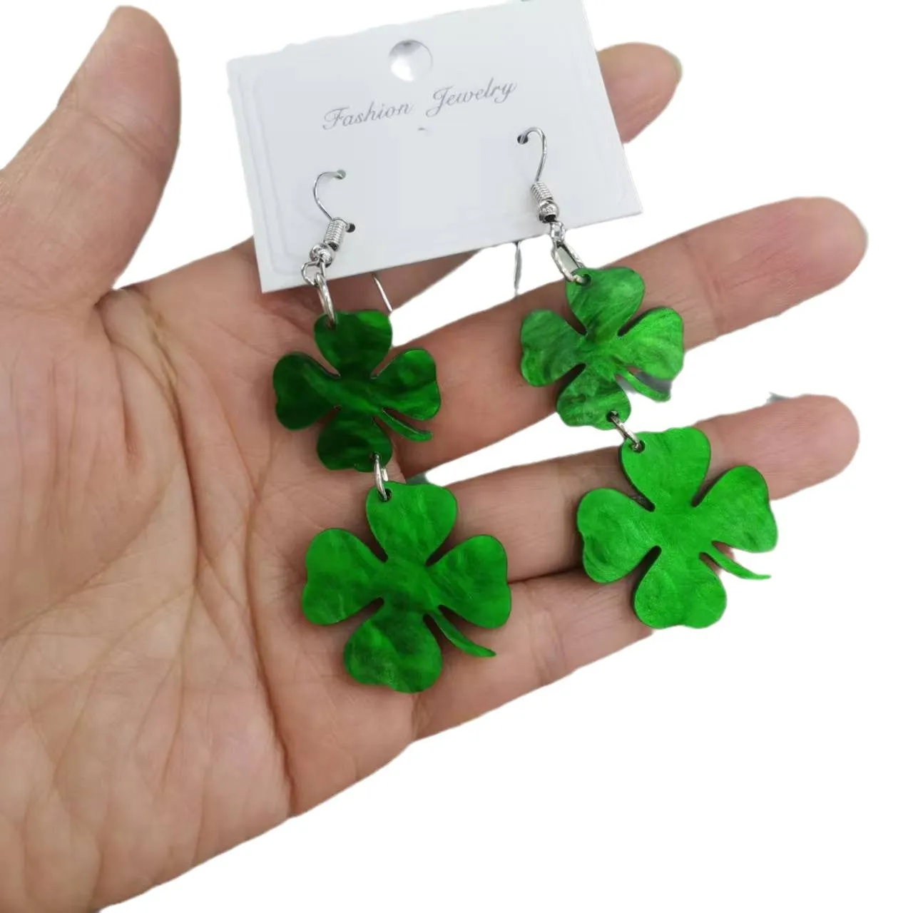 Wholesale St. Patrick's Day Carnival Cool All-match Green Acrylic Glitter Lucky Four-leaf Clover Ear Hook