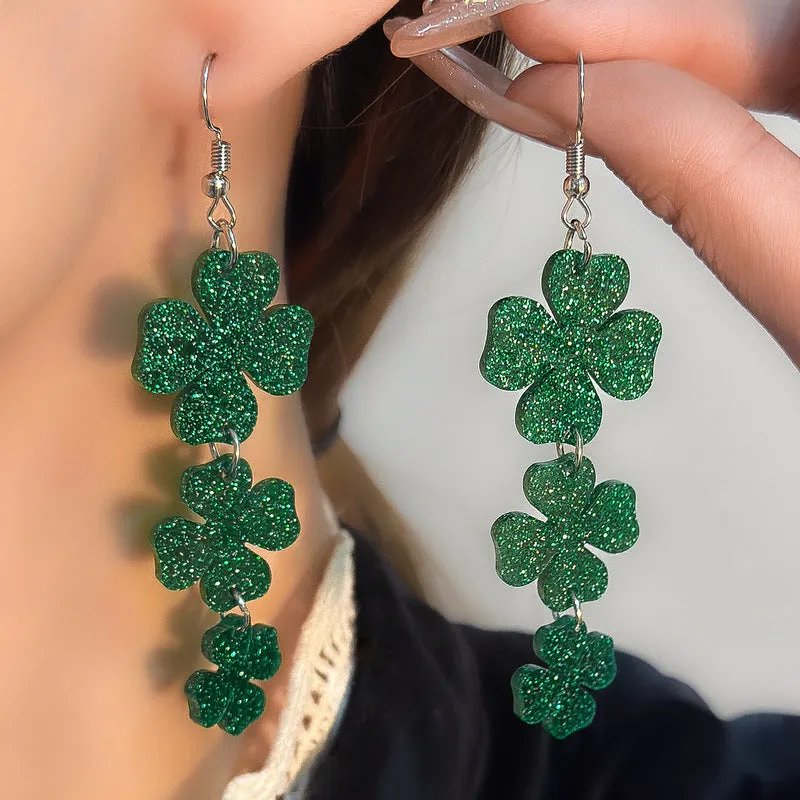 Wholesale St. Patrick's Day Carnival Cool All-match Green Acrylic Glitter Lucky Four-leaf Clover Ear Hook