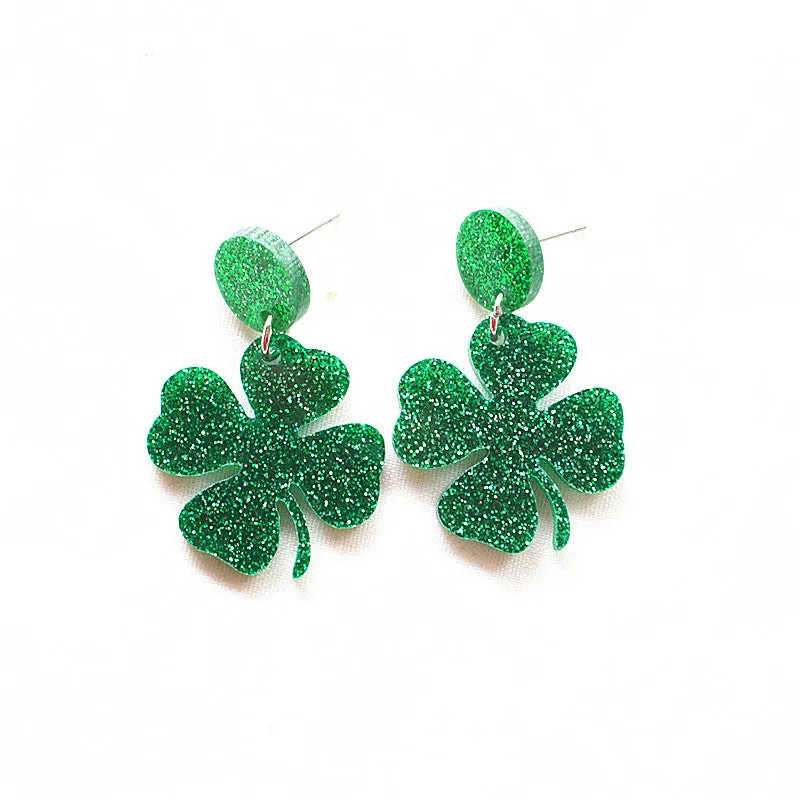 Wholesale St Patrick's Day earrings Carnival personalized all-match Green acrylic glitter Clover lucky grass earrings