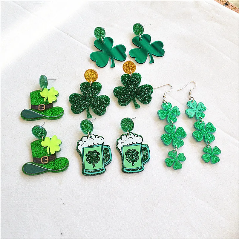 Wholesale St Patrick's Day earrings Carnival personalized all-match Green acrylic glitter Clover lucky grass earrings