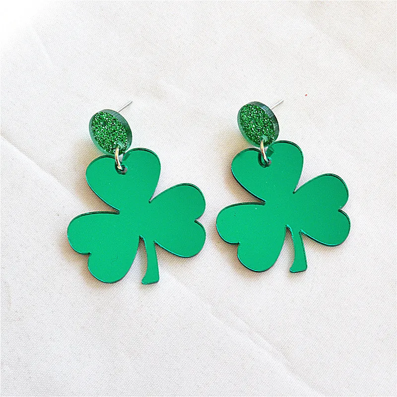 Wholesale St Patrick's Day earrings Carnival personalized all-match Green acrylic glitter Clover lucky grass earrings