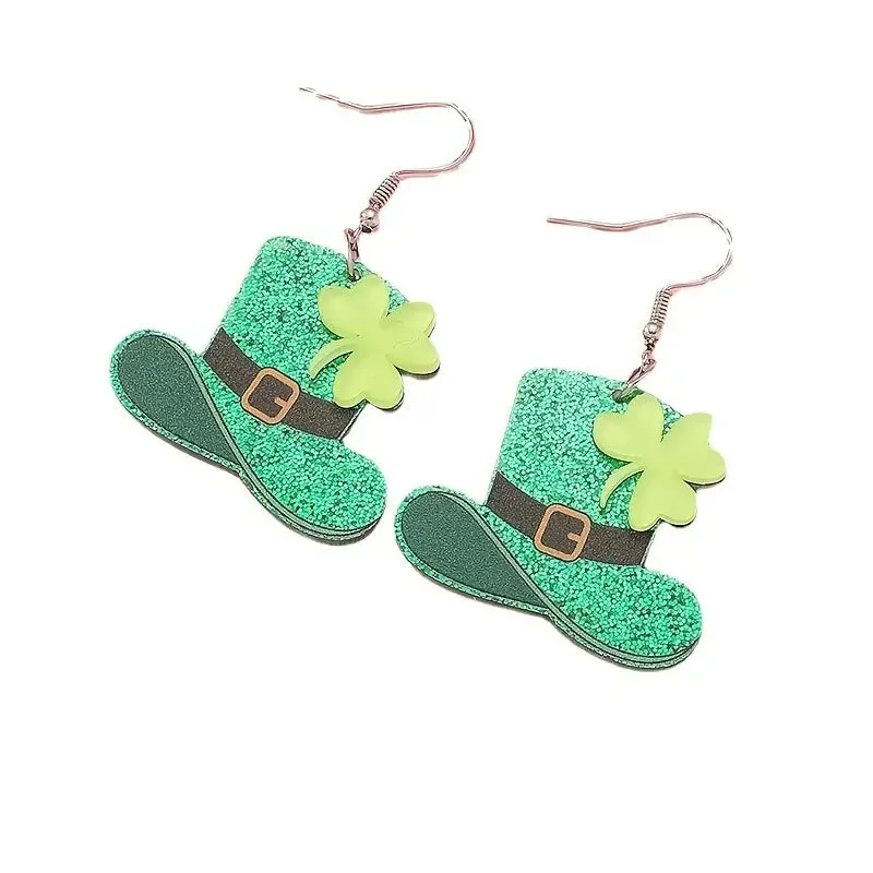 Wholesale St Patrick's Day earrings Carnival personalized all-match Green acrylic glitter four-leaf clover lucky grass earrings