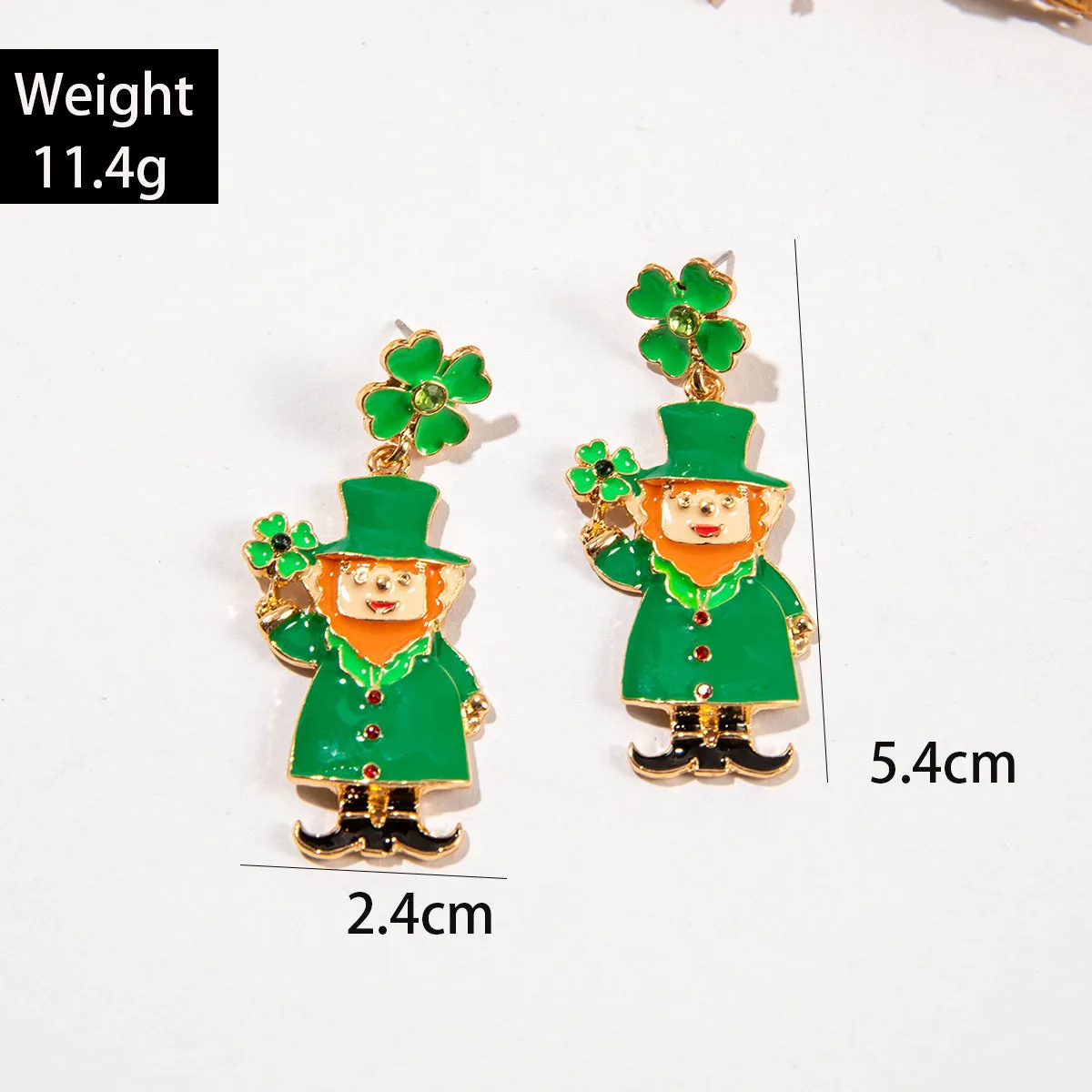 Wholesale St. Patrick's Day green four-leaf clover earrings alloy oil drop diamond Irish carnival earrings