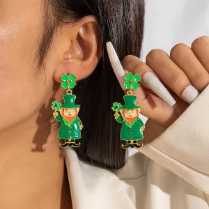 Wholesale St. Patrick's Day green four-leaf clover earrings alloy oil drop diamond Irish carnival earrings