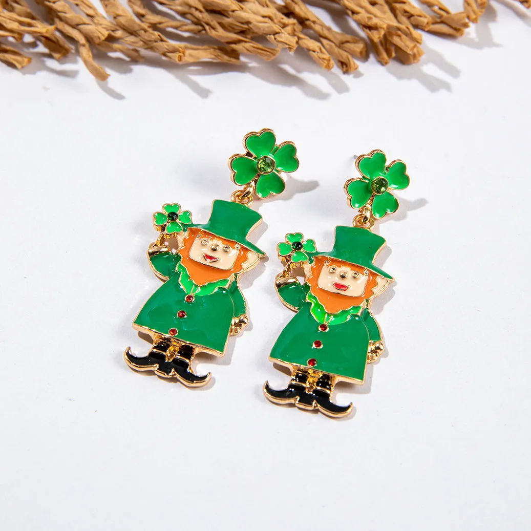 Wholesale St. Patrick's Day green four-leaf clover earrings alloy oil drop diamond Irish carnival earrings