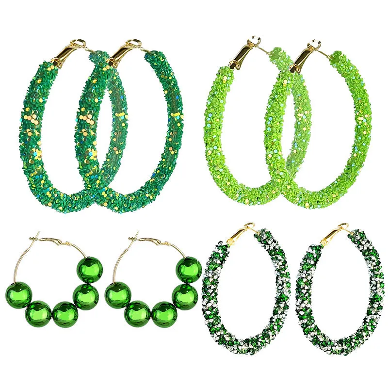 Wholesale St. Patrick's Green Glitter Large Fashion Simple Bright Color Beaded Earrings