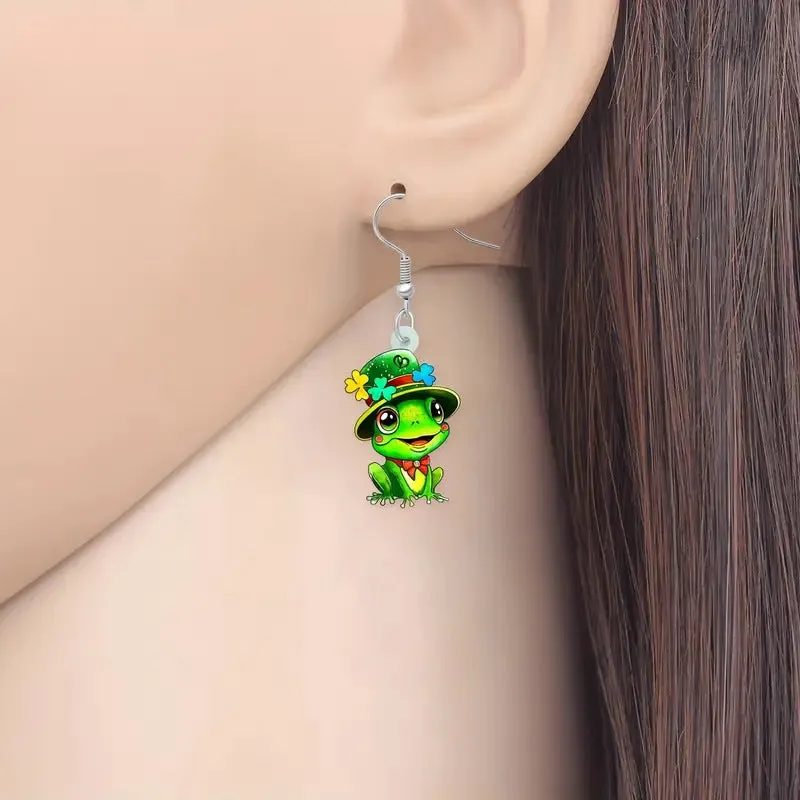 Wholesale St. Patrick's Holiday Clover Hat Frog Acrylic Cartoon Funny Earrings