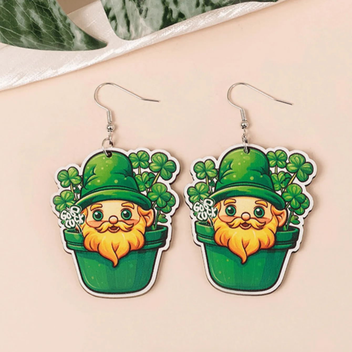 Wholesale St. Patry Festival Theme Dwarf Wooden Green Series Holiday Earrings