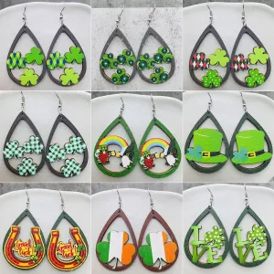 Wholesale St. Puckett Festival  Clover Green Rainbow Dwarfs Wooden Earrings