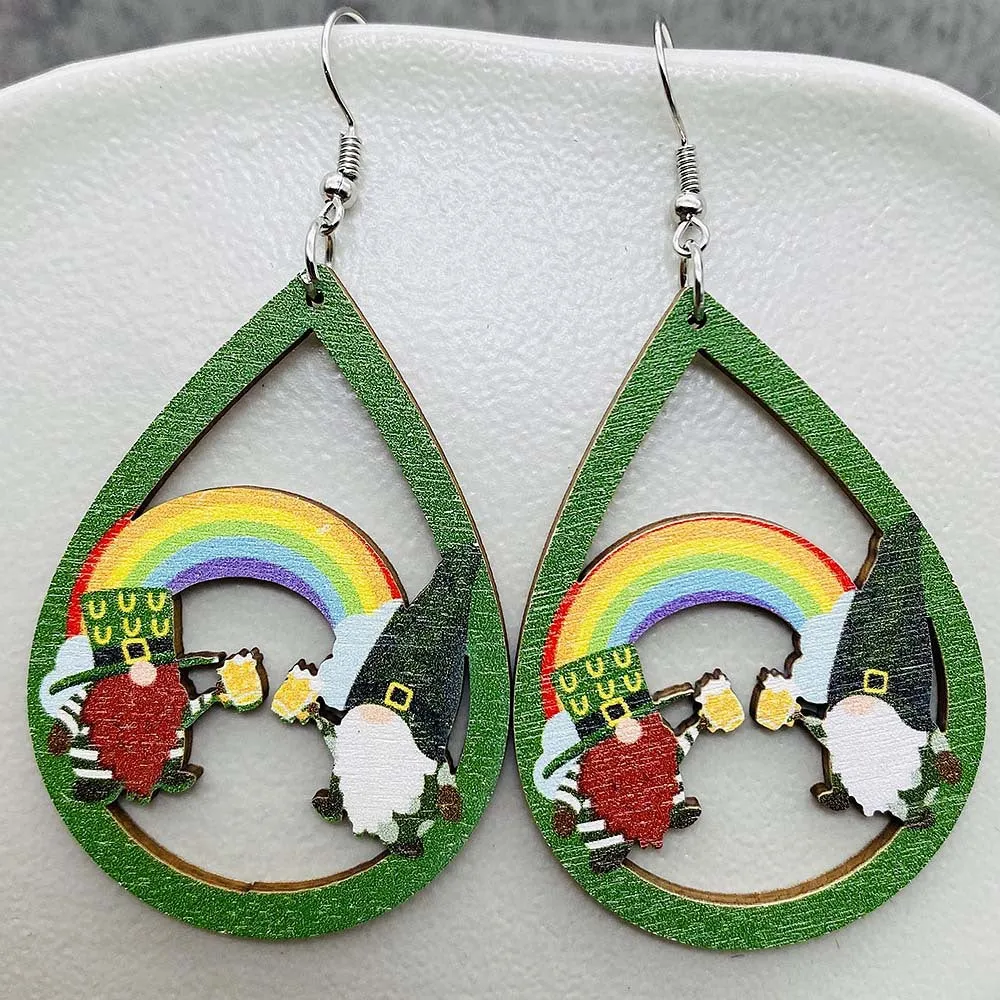 Wholesale St. Puckett Festival  Clover Green Rainbow Dwarfs Wooden Earrings