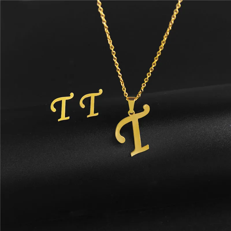 Wholesale Stainless Steel 26 Letter Necklace Earrings Two Piece Set