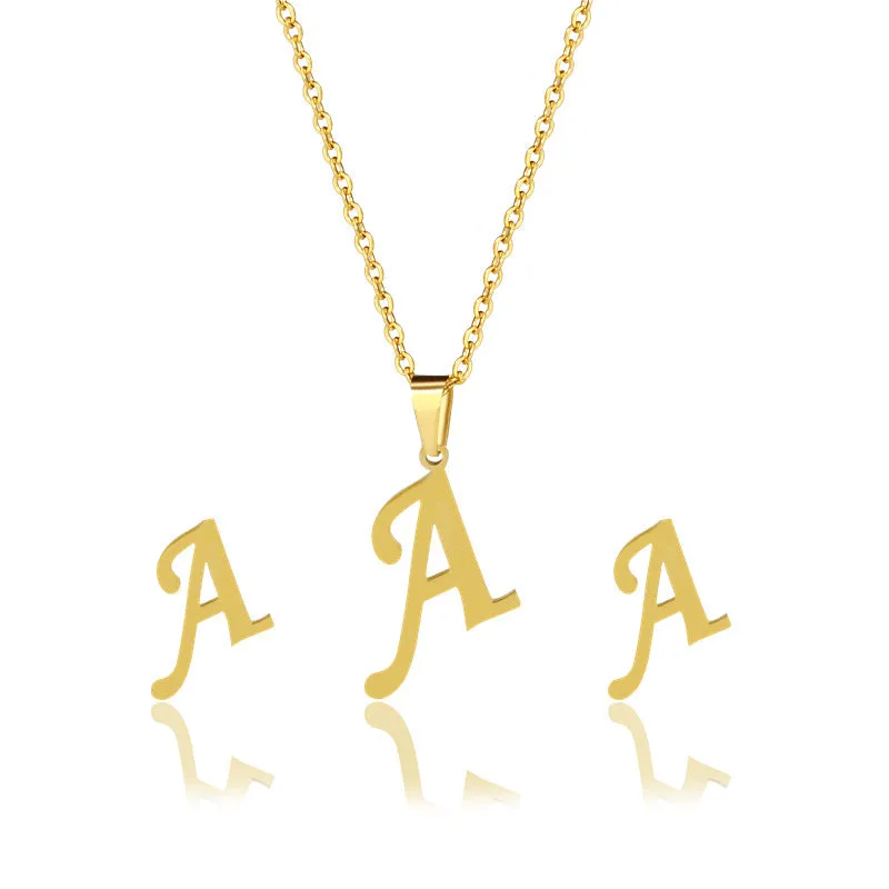 Wholesale Stainless Steel 26 Letter Necklace Earrings Two Piece Set