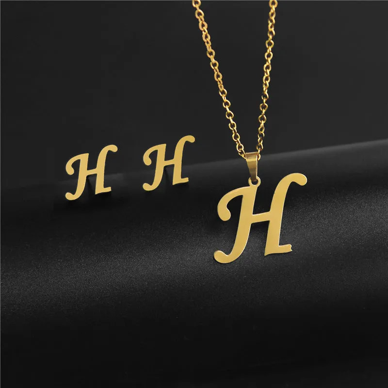 Wholesale Stainless Steel 26 Letter Necklace Earrings Two Piece Set