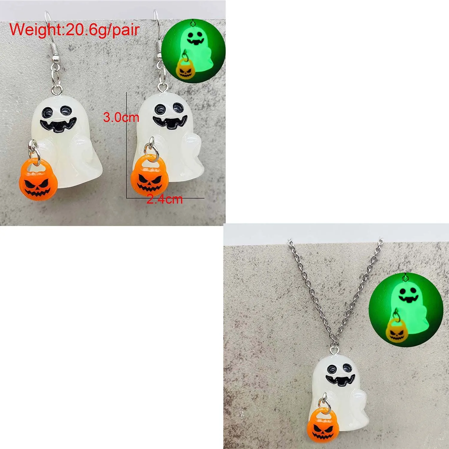 Wholesale Stereo Resin Glow-in-the-dark Ghost Halloween Wishing Bottle Earrings and Necklaces Set