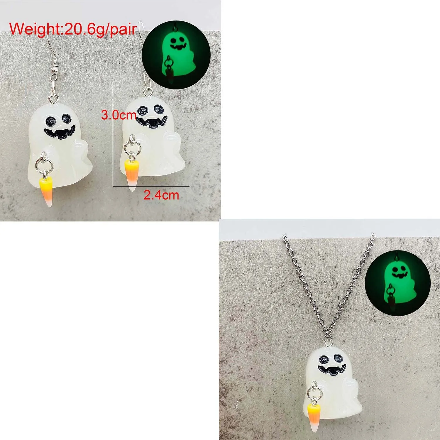 Wholesale Stereo Resin Glow-in-the-dark Ghost Halloween Wishing Bottle Earrings and Necklaces Set