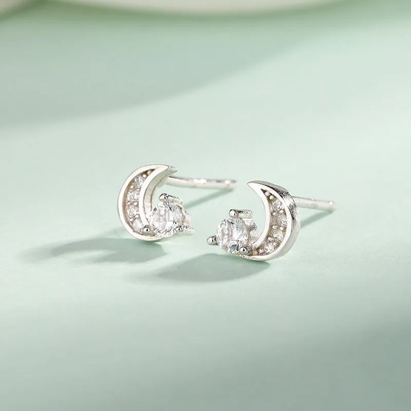 Wholesale Sterling Silver Earrings for Girls Fashionable Small Fresh and Diamond-encrusted Moon Simple Girly Heart Earrings