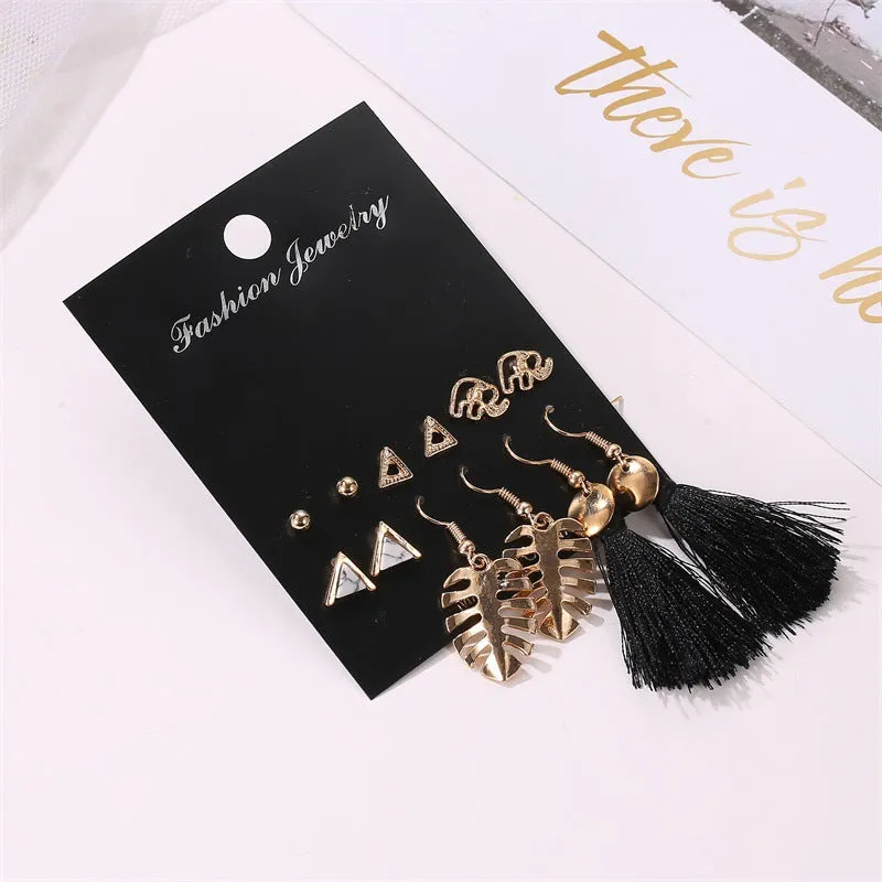 Wholesale Tassel Bohemian Style Leaf Geometry 6 Pair Earrings