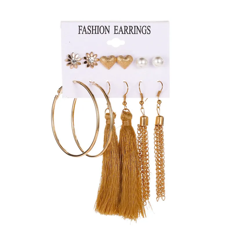 Wholesale Tassel Bohemian Style Leaf Geometry 6 Pair Earrings