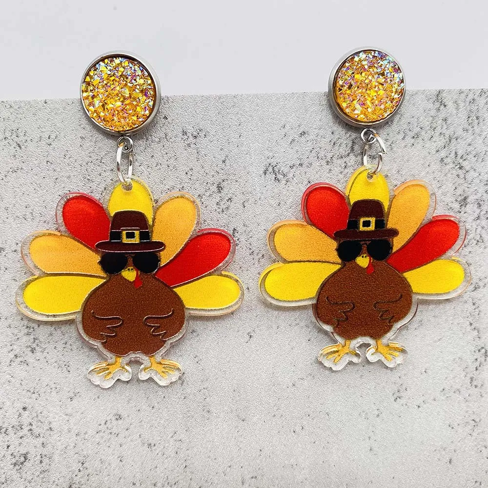 Wholesale Thanksgiving Turkey Acrylic Personalized Fashion Turkey Asymmetric Pendant Earrings