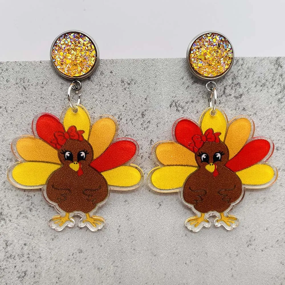 Wholesale Thanksgiving Turkey Acrylic Personalized Fashion Turkey Asymmetric Pendant Earrings