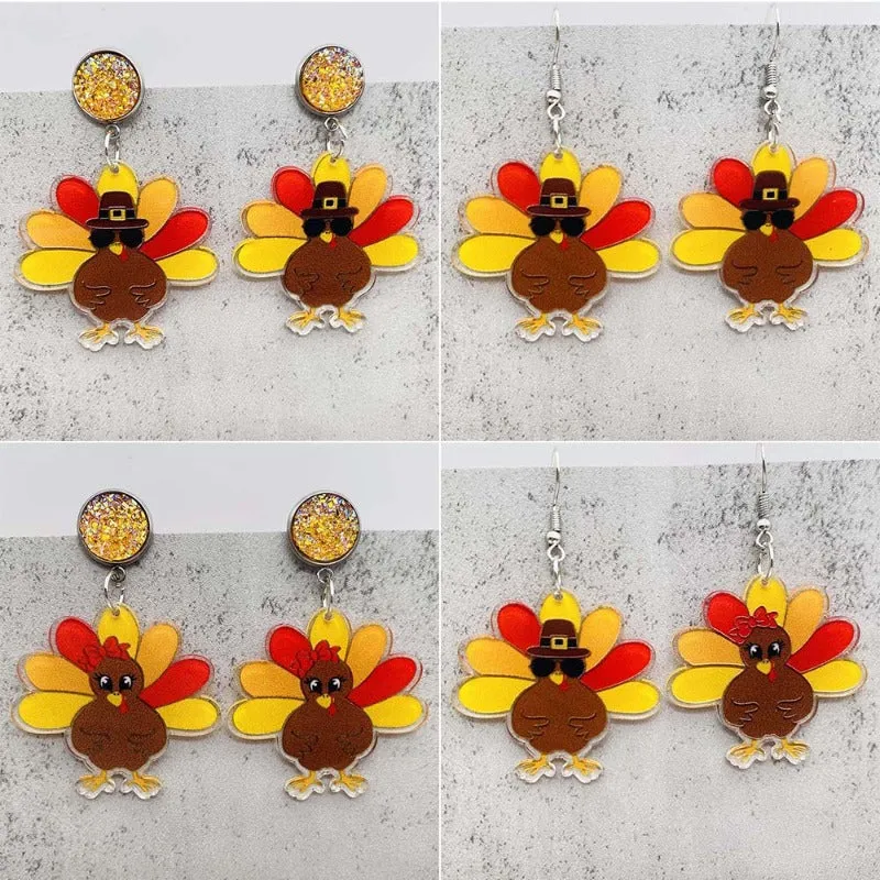 Wholesale Thanksgiving Turkey Acrylic Personalized Fashion Turkey Asymmetric Pendant Earrings