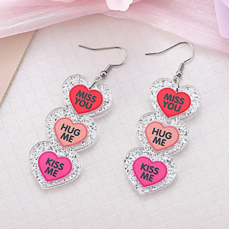 Wholesale three-color love stitching earrings Valentine's Day romantic English heart glitter pendant earrings