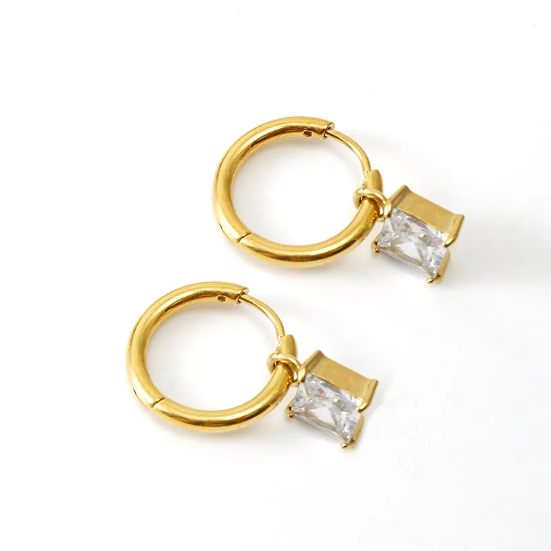 Wholesale Titanium Steel Colored Zircon 18K Stainless Steel Cube Diamond Temperament Earrings
