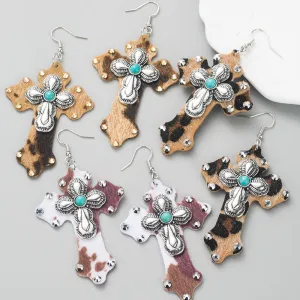 Wholesale Trendy Leopard Print Leather Cross Alloy Inlaid Turquoise Exaggerated Earrings