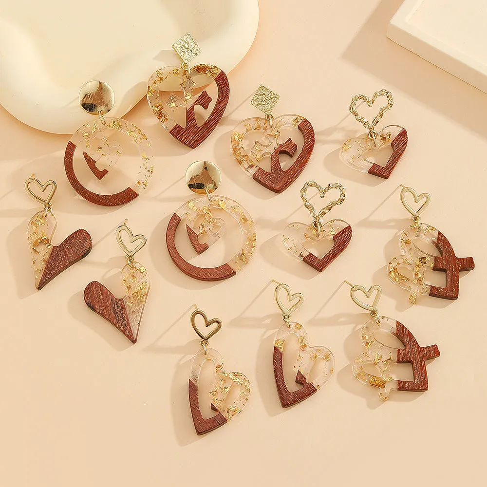 Wholesale Unique Wood Stitching Resin Valentine's Day Love Earrings Women's Simple All-match Round Heart-shaped Hollow Earrings