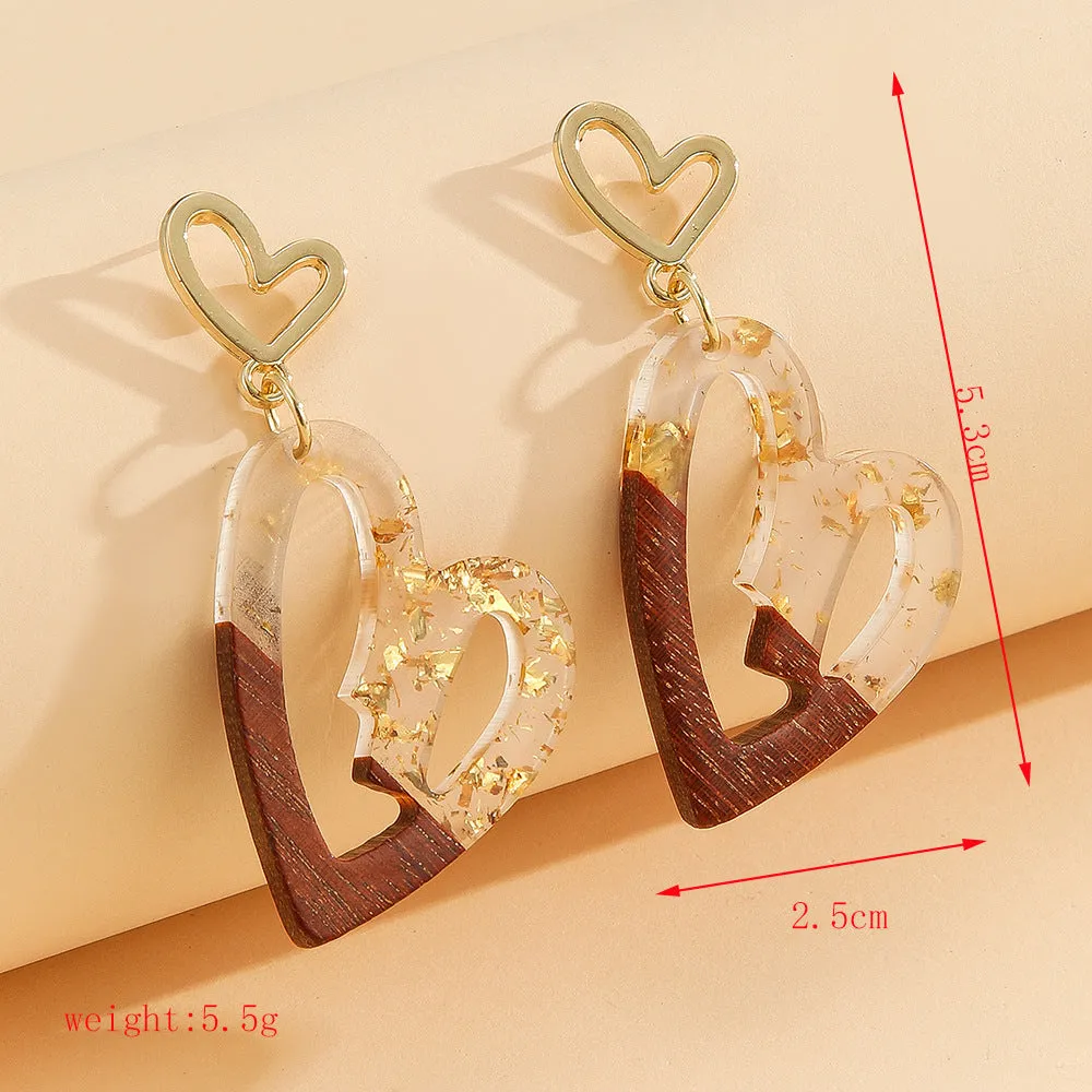 Wholesale Unique Wood Stitching Resin Valentine's Day Love Earrings Women's Simple All-match Round Heart-shaped Hollow Earrings