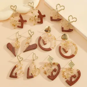 Wholesale Unique Wood Stitching Resin Valentine's Day Love Earrings Women's Simple All-match Round Heart-shaped Hollow Earrings