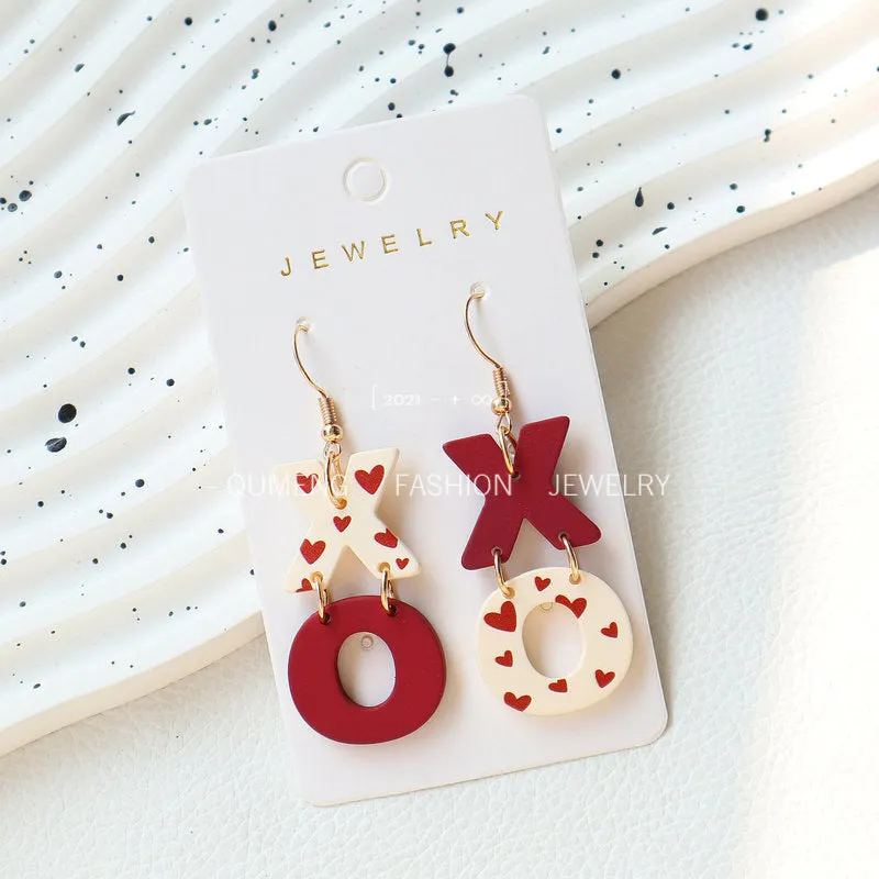 Wholesale Valentine's Day Acrylic Paint New Arrival Earrings XO Wine Red Contrast Color Love Printed Earrings Peach Heart Earrings for Women