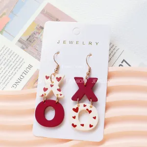 Wholesale Valentine's Day Acrylic Paint New Arrival Earrings XO Wine Red Contrast Color Love Printed Earrings Peach Heart Earrings for Women