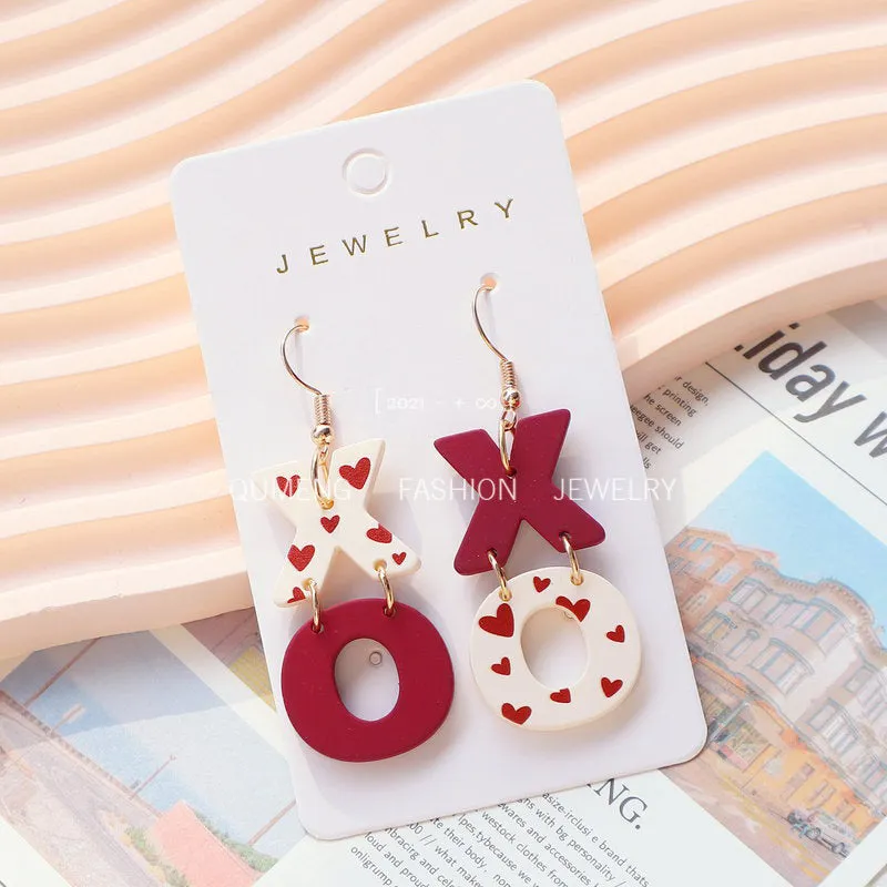 Wholesale Valentine's Day Acrylic Paint New Arrival Earrings XO Wine Red Contrast Color Love Printed Earrings Peach Heart Earrings for Women