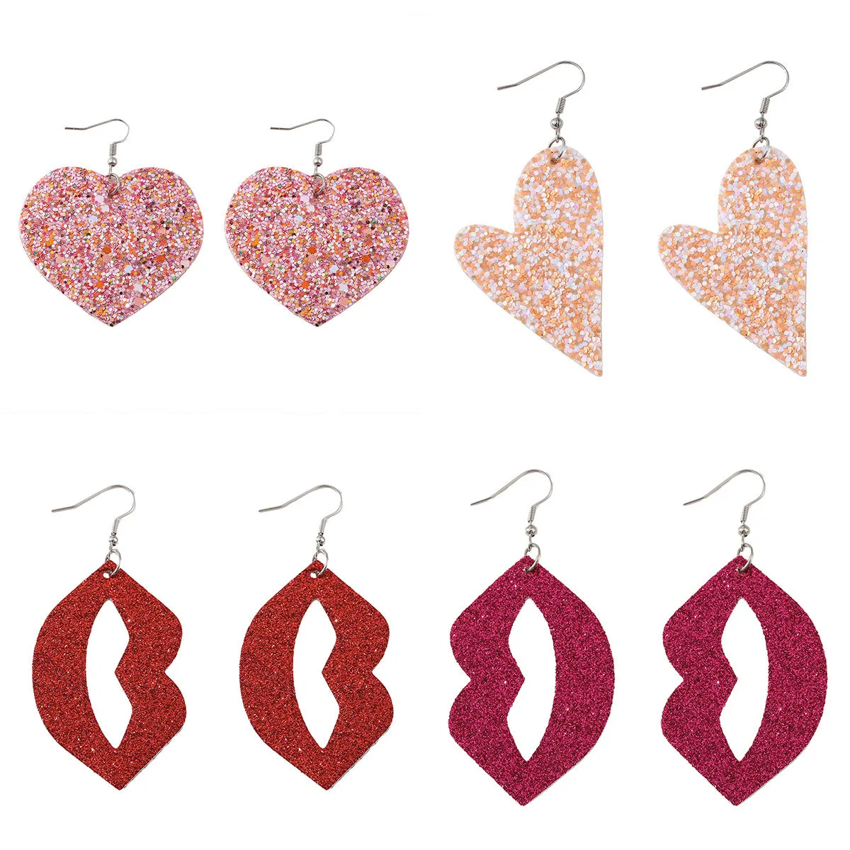 Wholesale Valentine's Day Blingbling Sequins Peach Heart Love Sexy Red Lips Earrings