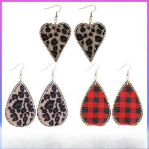 Wholesale Valentine's Day Leather Leopard Print Rhinestone Embellished Romantic Love Water Drop Pu Earrings