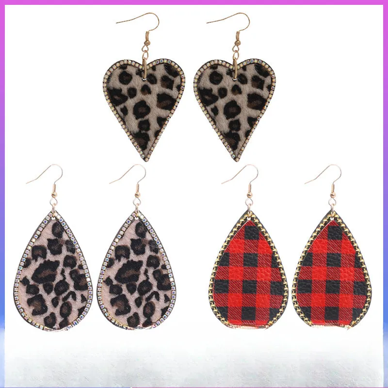 Wholesale Valentine's Day Leather Leopard Print Rhinestone Embellished Romantic Love Water Drop Pu Earrings