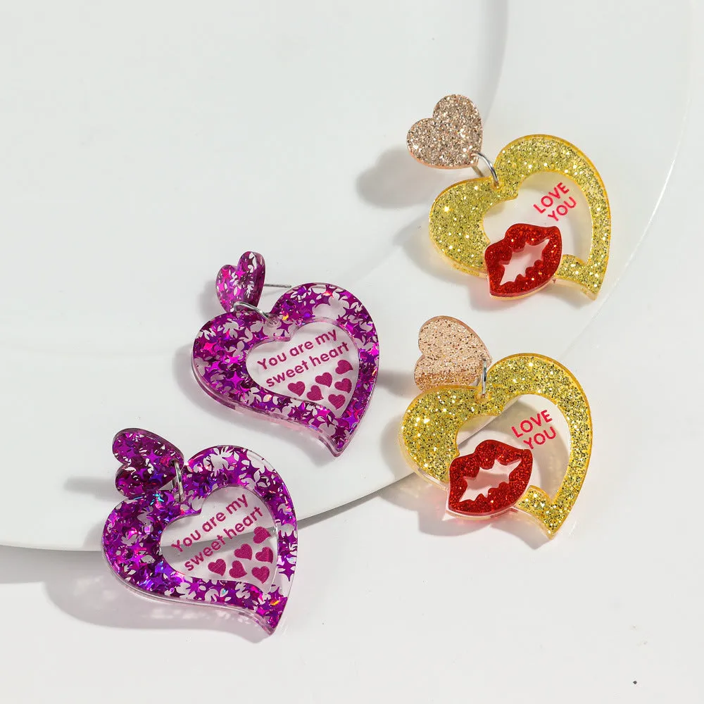 Wholesale Valentine's Day Letter Pendant High-grade Earrings Peach Heart Love Festival Sweet Wind Glitter Yak