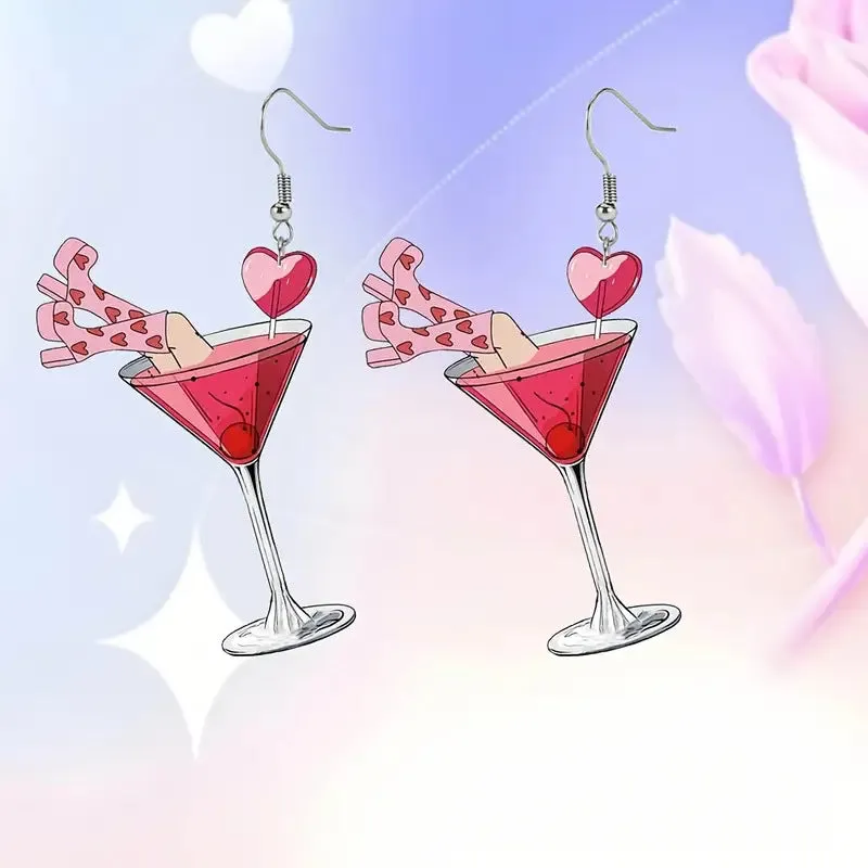 Wholesale Valentine's Day Limited Pink Heart Wine Glass Acrylic Party Creative Design Earrings