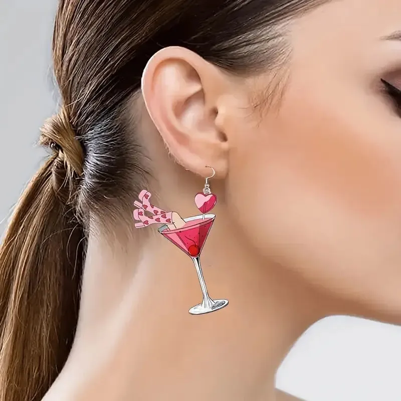 Wholesale Valentine's Day Limited Pink Heart Wine Glass Acrylic Party Creative Design Earrings