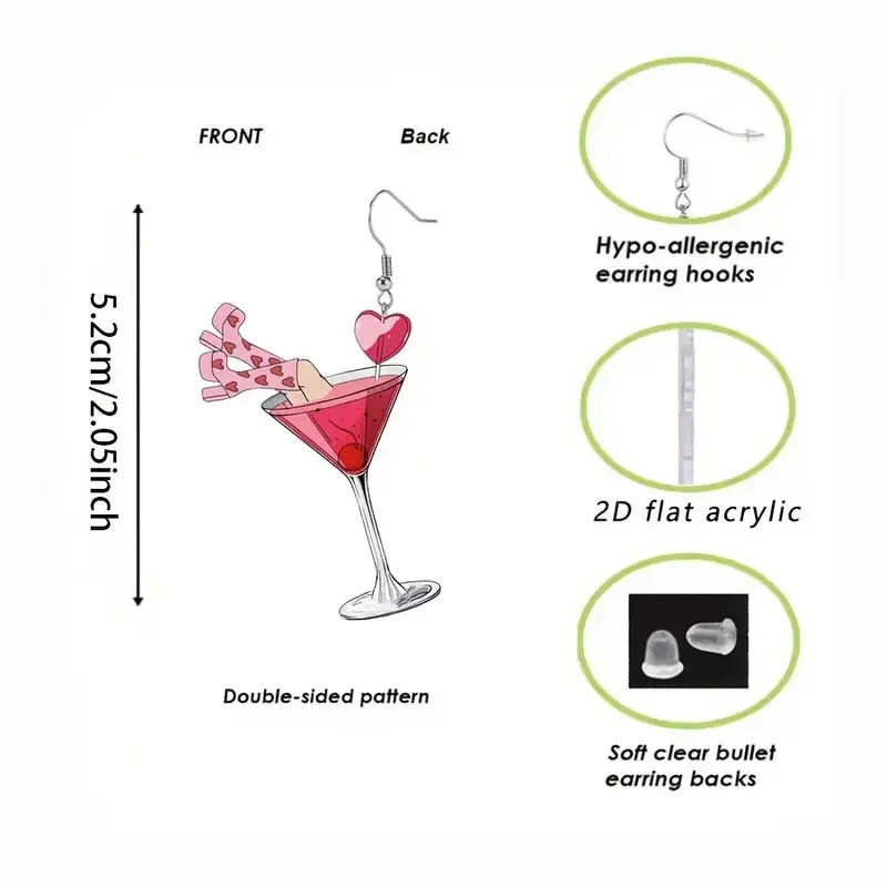 Wholesale Valentine's Day Limited Pink Heart Wine Glass Acrylic Party Creative Design Earrings