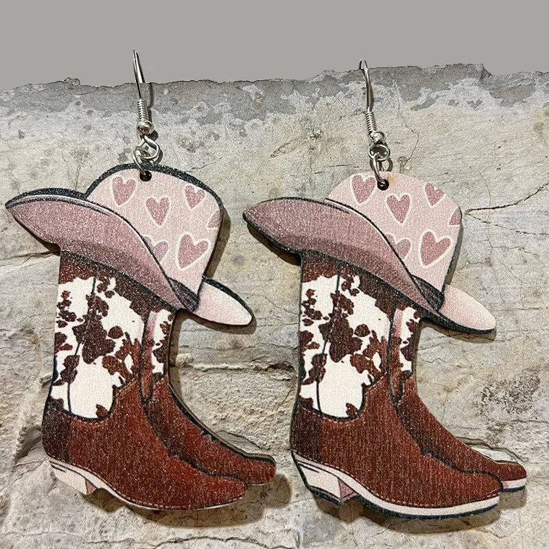 Wholesale Valentine's Day Lip Colorblock Western Cowboy Boots Leopard Print Earrings