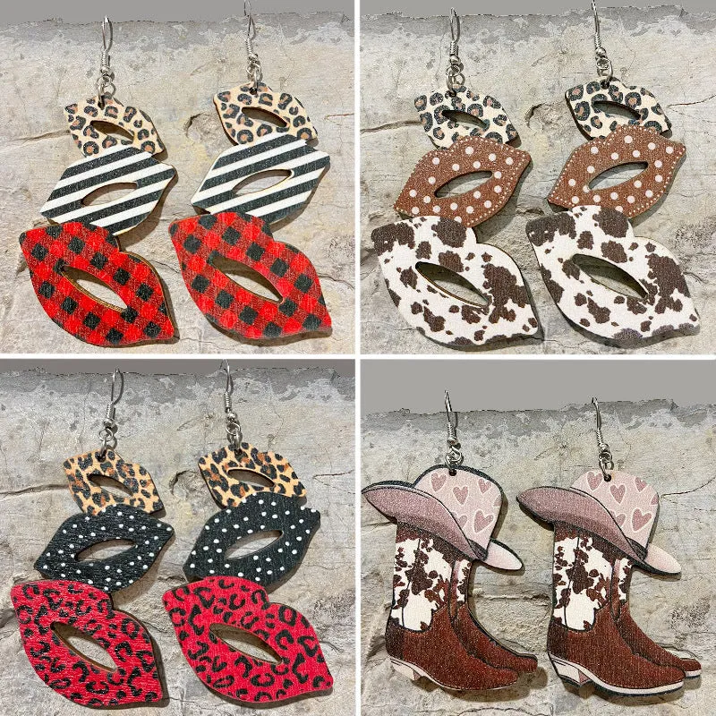 Wholesale Valentine's Day Lip Colorblock Western Cowboy Boots Leopard Print Earrings