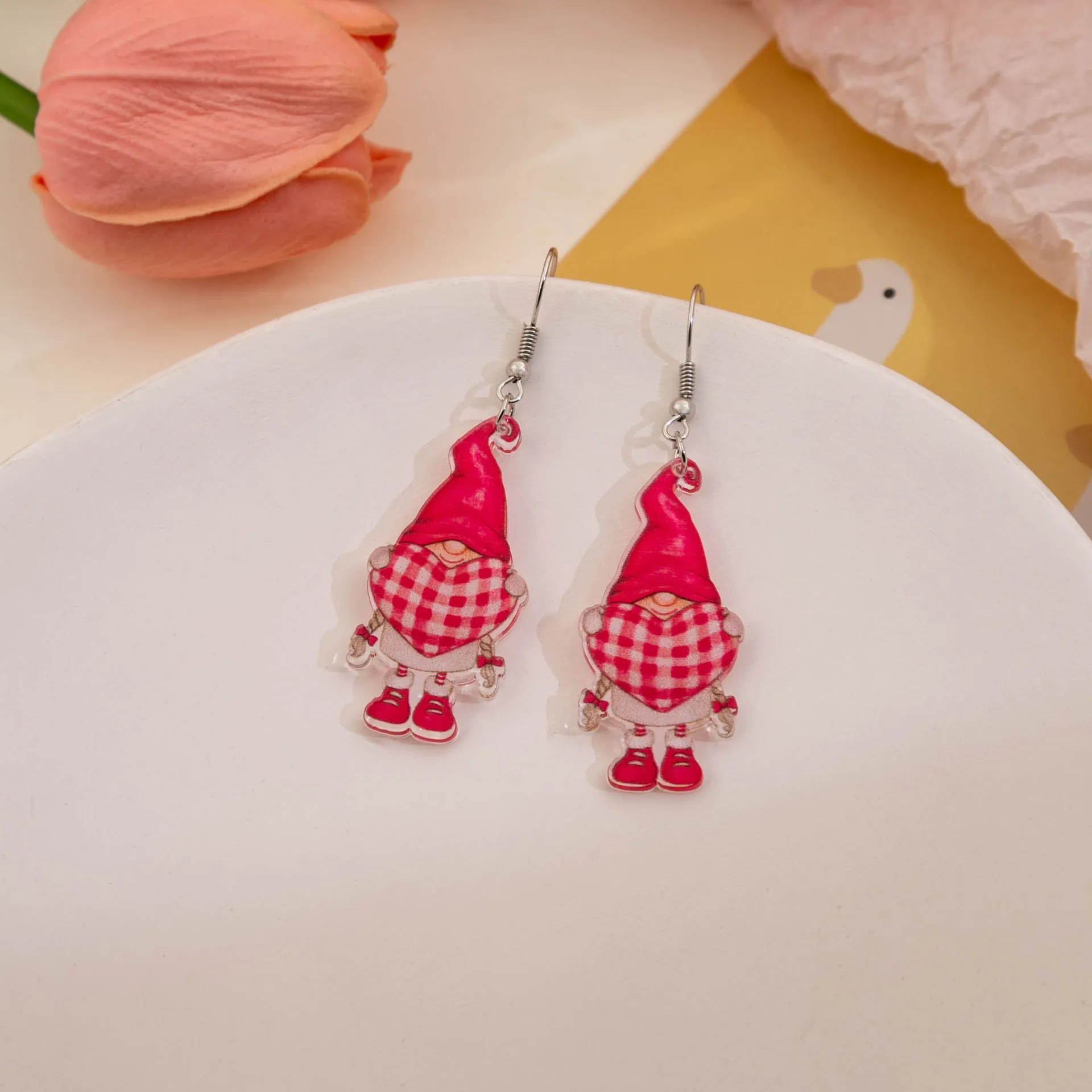 Wholesale Valentine's Day Love Dwarf Earrings Female Flamingo Love Semi-round Plaid Acrylic Earrings