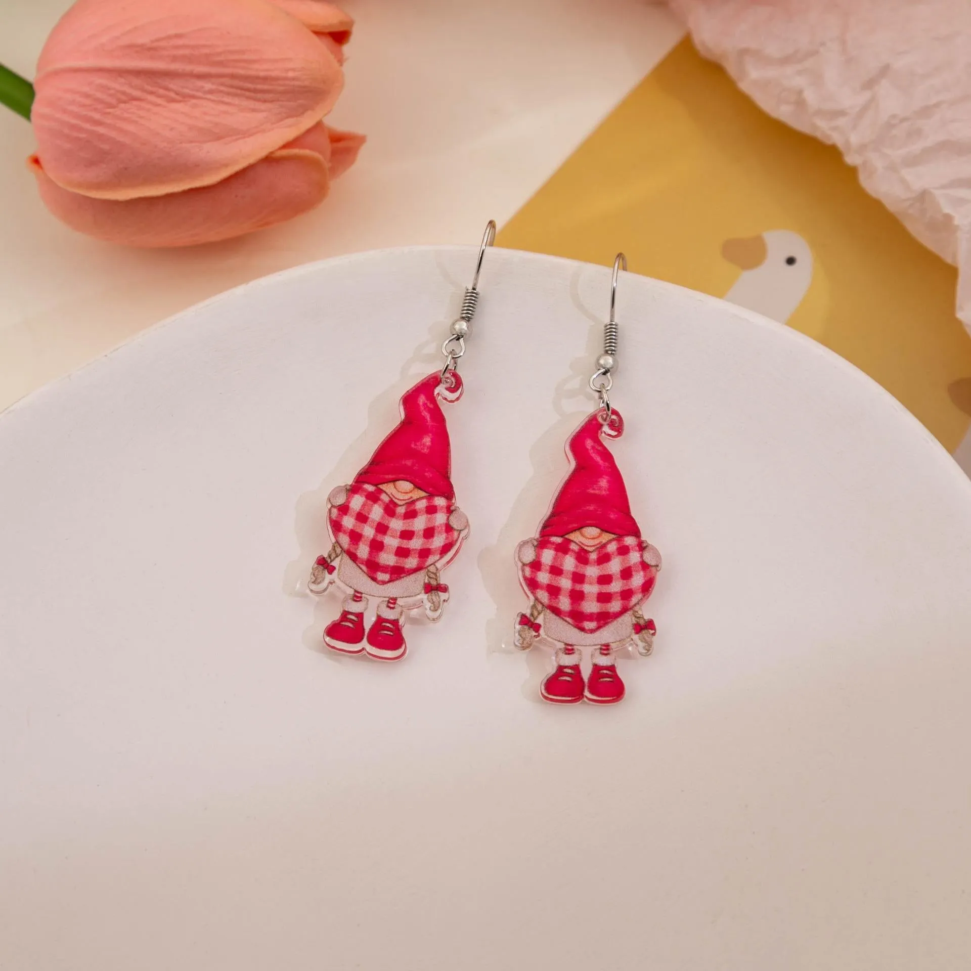 Wholesale Valentine's Day Love Dwarf Earrings Flamingo Love Semi-round Plaid Acrylic Earrings for Women